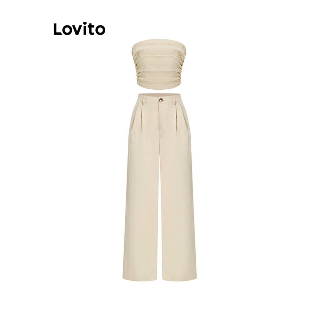 Bộ quần Lovito xếp nếp màu trơn thường ngày cho nữ L62ED117 (áo/ quần)