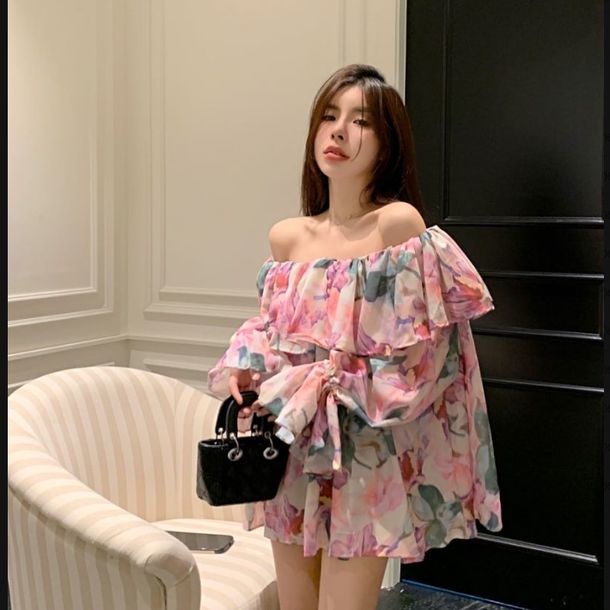 Áo Sơ Mi Tay Dài Xòe Một Bên Vai In Họa Tiết Phong Cách Pháp Sang Trọng Thời Trang Mùa Thu Kiểu Mới Dành Cho Bạn Nữ