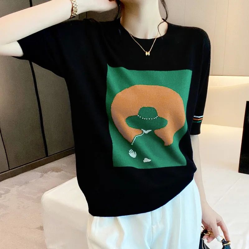 Phiên bản hàn quốc in hình cổ tròn dệt kim t-shirt rời ngắn tay áo vwlm