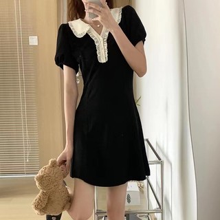 Đầm chữ A Sugemiusi eo cao tay ngắn cổ Polo ren phong cách hè ngọt ngào ins Pháp tươi trẻ Nhật Bản
