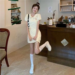 Sugemiusi pure desire style thiết kế thích hợp mùa hè phong cách mới váy ngắn polo cổ áo cherry ngọt ngào hot girl dây rút váy ngắn tay ôm