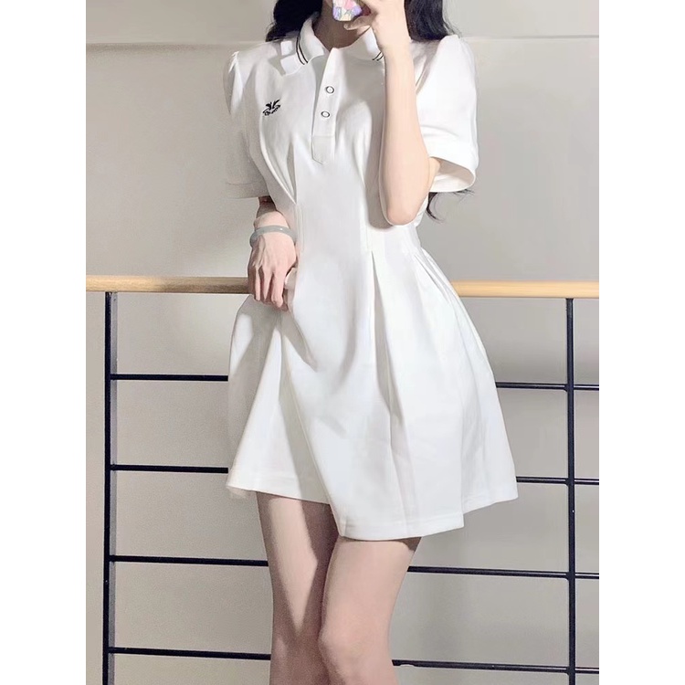 Sugemiusi polo cổ áo mỏng hơn trông váy ngắn a-line nhỏ mùa hè phong cách mới phiên bản hàn quốc kiểu pháp váy chắp vá hẹp