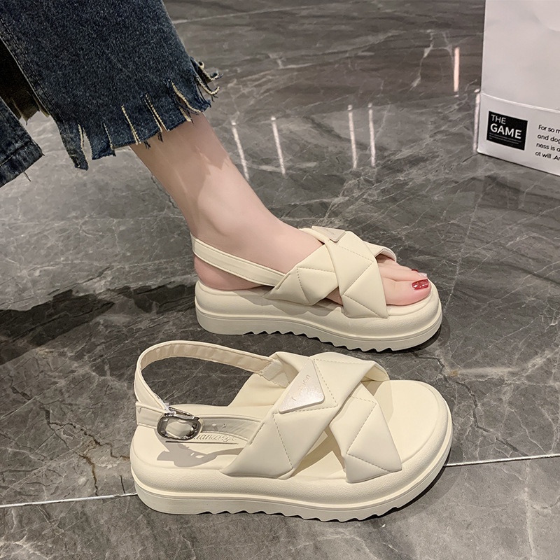 Mùa hè dép đế dày có khóa một dòng cho nữ, dép đế bệt muffin băng chéo, dép la mã thông thường ngoài trời
