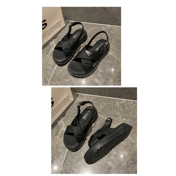 Mùa hè dép đế dày có khóa một dòng cho nữ, dép đế bệt muffin băng chéo, dép la mã thông thường ngoài trời