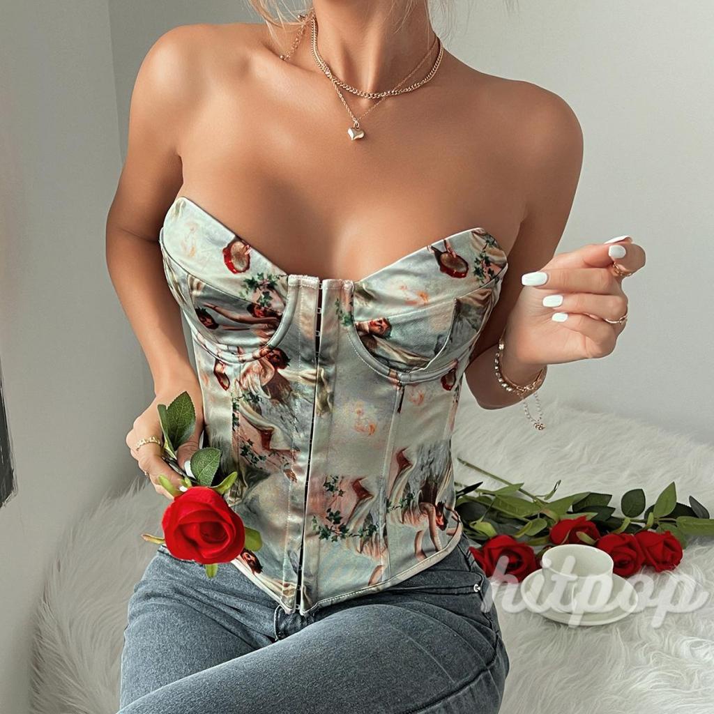 Hitpop-women ́s corset tube tops không tay quây tranh sơn dầu in bustier central clasp bandeau tops