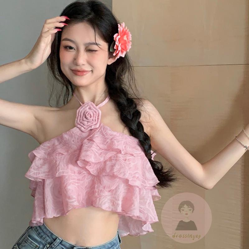 Dre-women ́s summer slim không tay dây cổ xếp tầng ruffle flower tops