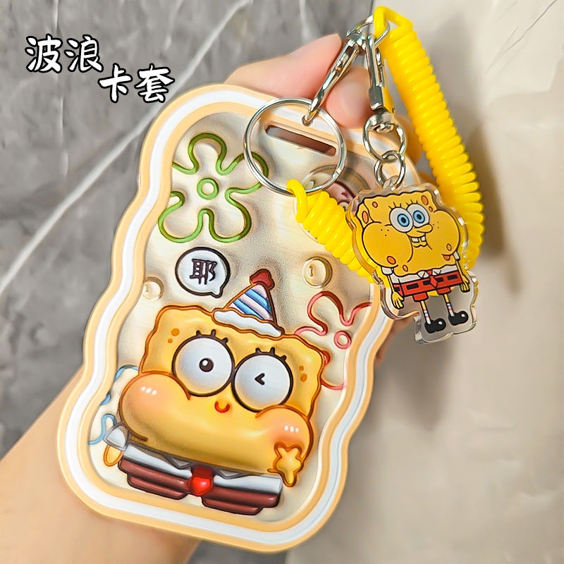 Spongebob chủ thẻ dễ thương bảo vệ thẻ sinh viên chất liệu silicon mềm móc khóa dây mùa xuân mặt dây chuyền
