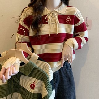 Áo sweater Cổ polo Kẻ Sọc Màu Sắc Tương Phản Thời Trang Xuân Thu Cho Nữ
