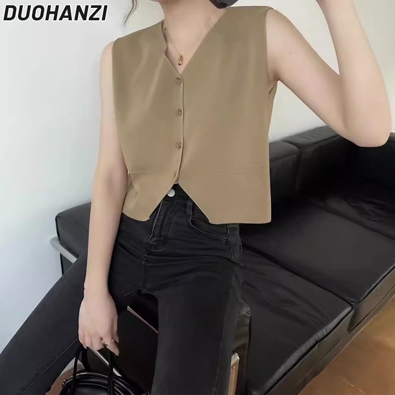 Áo không tay DUOHANZI dệt kim cổ chữ V màu trơn phong cách cổ điển thời trang xuân thu 2023 dành cho nữ