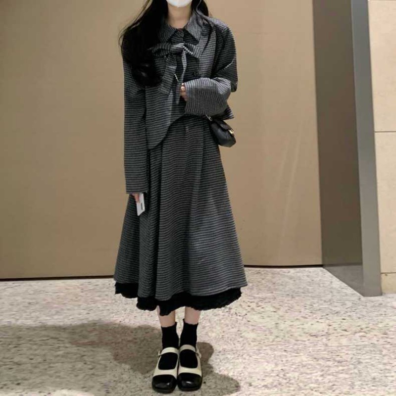 Houndstooth plaid blazer skirt two-piece long-sleeved autumn blazer