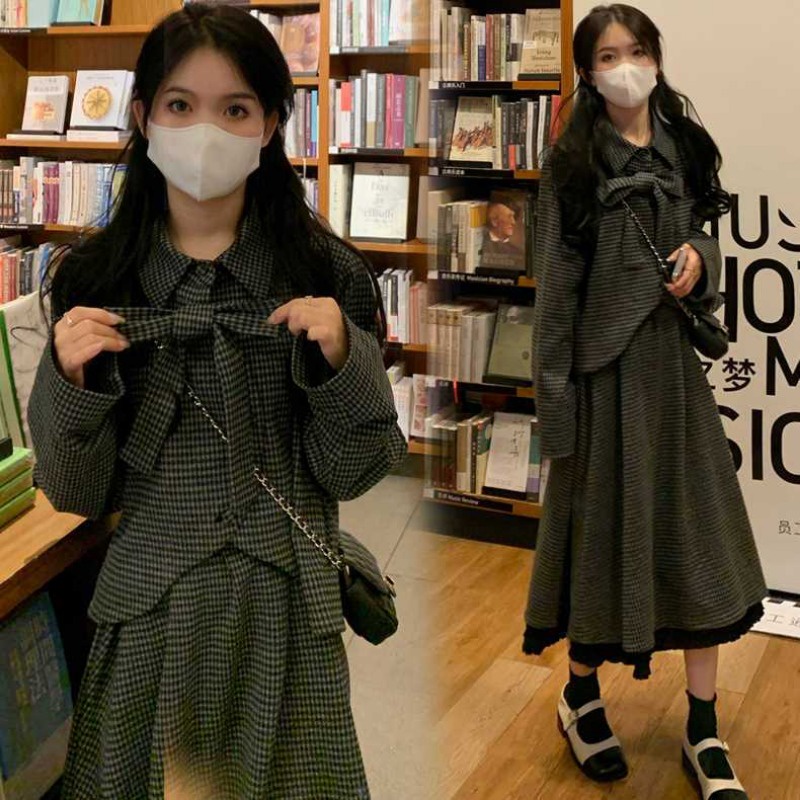 Houndstooth plaid blazer skirt two-piece long-sleeved autumn blazer