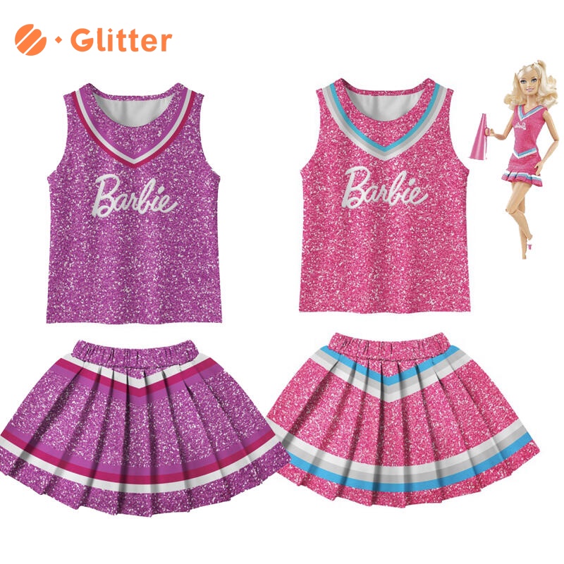 Phim barbie dress cho trẻ em cô gái barbie màu hồng tím cổ vũ trang phục khiêu vũ không tay váy trên cùng 2 cái bộ