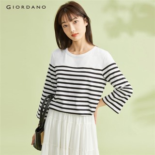 Áo thun GIORDANO 13323301 tay lỡ 3/4 họa tiết kẻ sọc màu sắc tương phản cho nữ