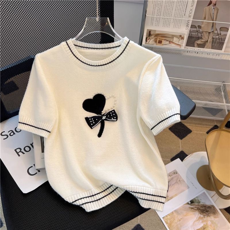 Phiên bản hàn quốc bow knitted t-shirt short-sleeved t-shirt short top 7unu