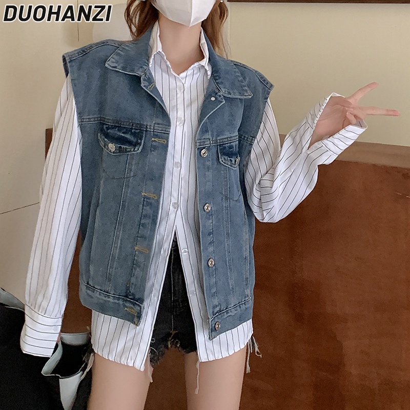 Duohanzi denim vest jacket mùa thu phiên bản mới của hàn quốc áo khoác denim không tay mỏng và rộng rãi cho nữ