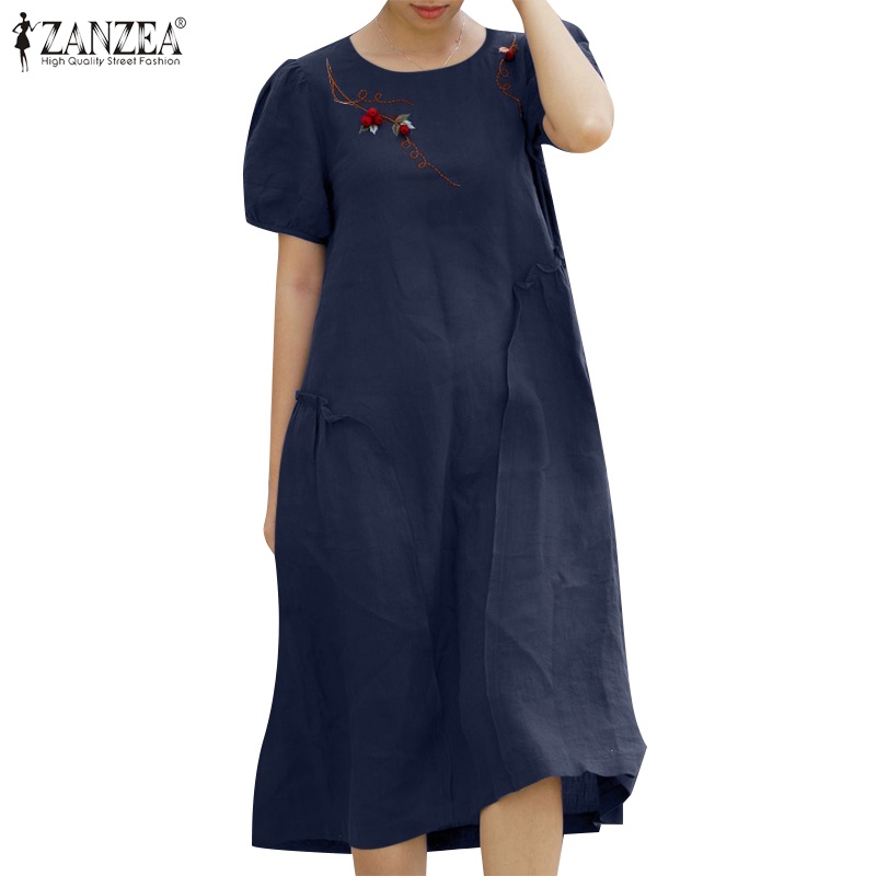 Zanzea Đầm Tay Ngắn Phồng Cổ Tròn Xẻ Tà Thêu Họa Tiết Thời Trang Hàn Quốc Cho Nữ