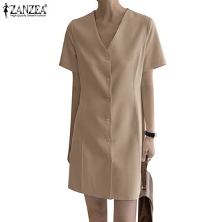 Zanzea Đầm Nữ Tay Ngắn Cổ Chữ v Thời Trang Hàn Quốc