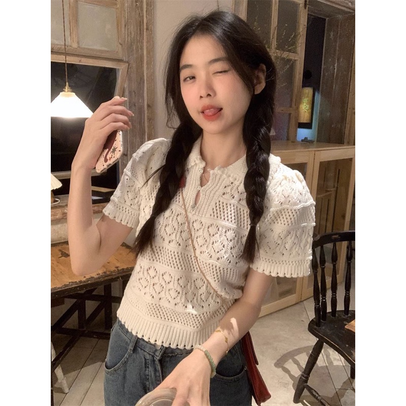 Ngắn mỏng rỗng polo cổ áo dệt kim t-shirt chống nắng top plpc