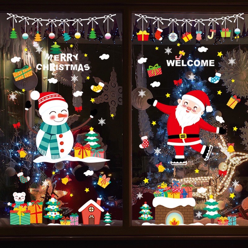 Decal trang trí Noel Hít Tĩnh Điện - Người tuyết vui chơi cùng ông già noel đáng yêu
