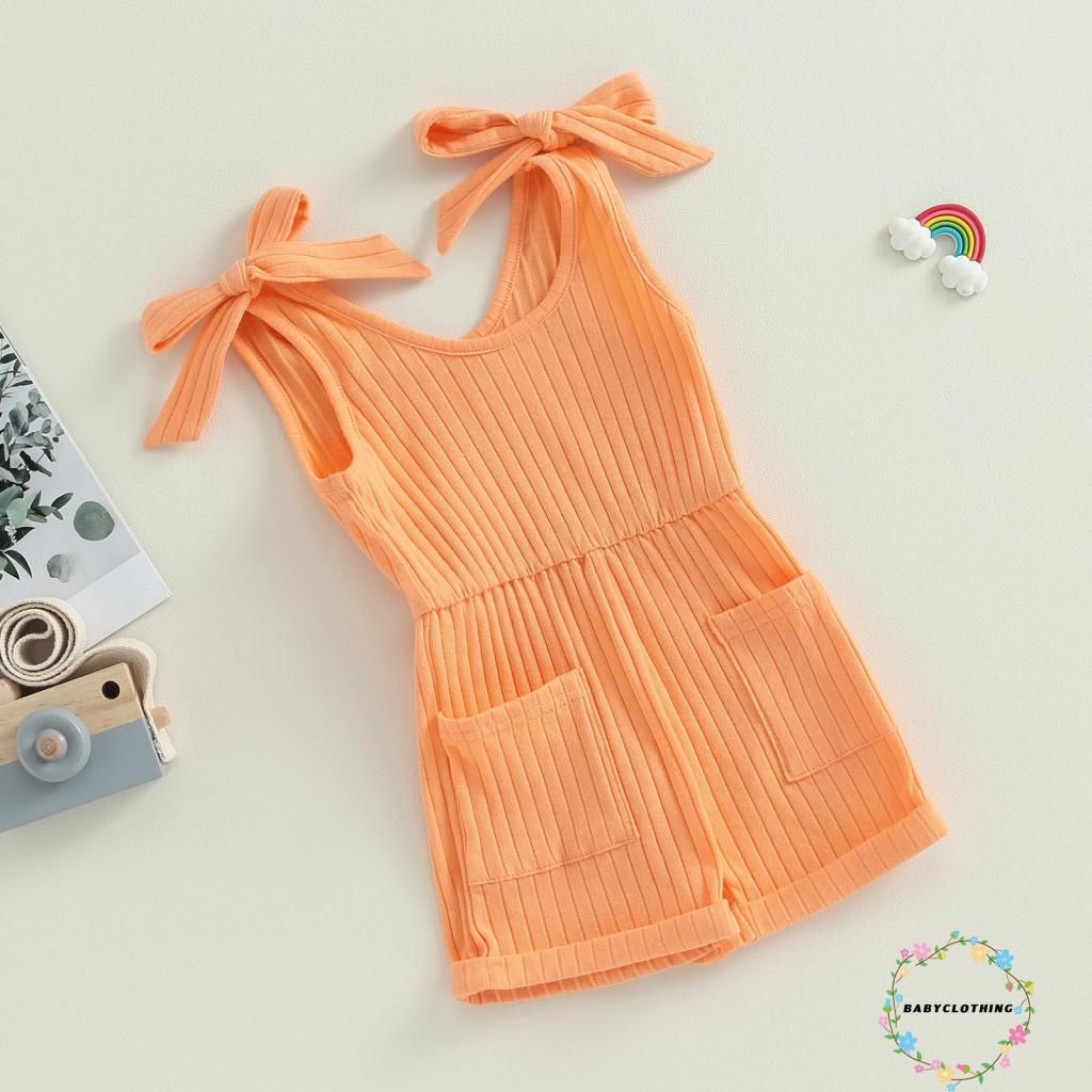 Babyclothes-bé gái mới biết đi không tay romper màu rắn bodysuit có gân quần áo mùa hè có túi