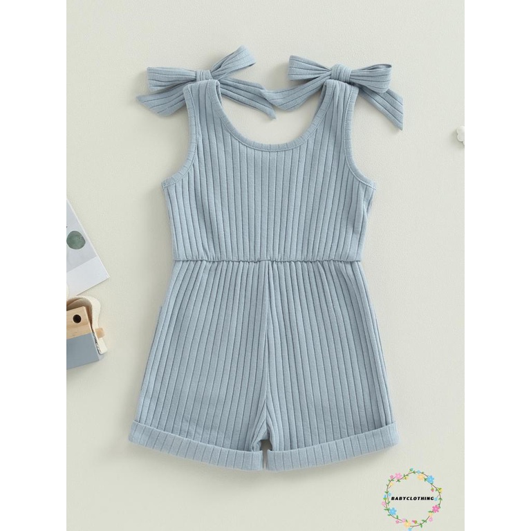 Babyclothes-bé gái mới biết đi không tay romper màu rắn bodysuit có gân quần áo mùa hè có túi