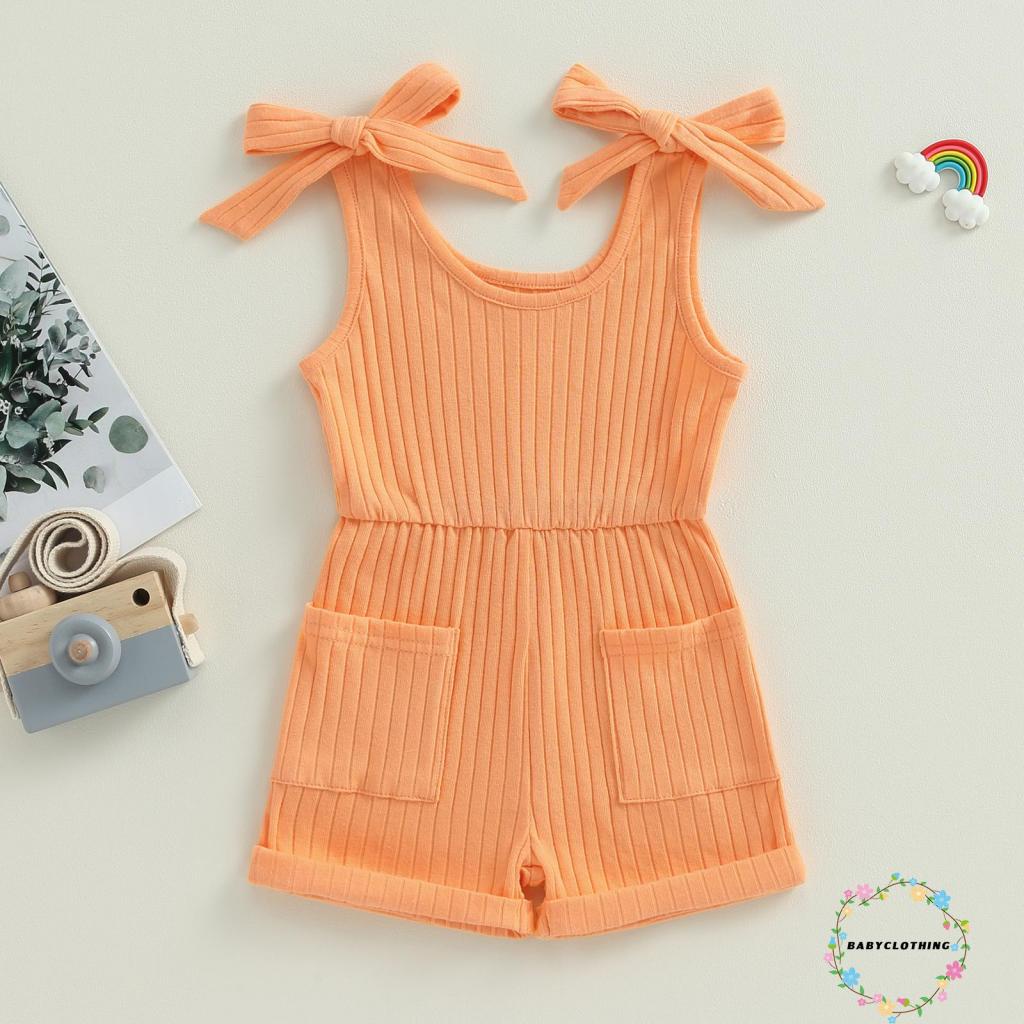 Babyclothes-bé gái mới biết đi không tay romper màu rắn bodysuit có gân quần áo mùa hè có túi