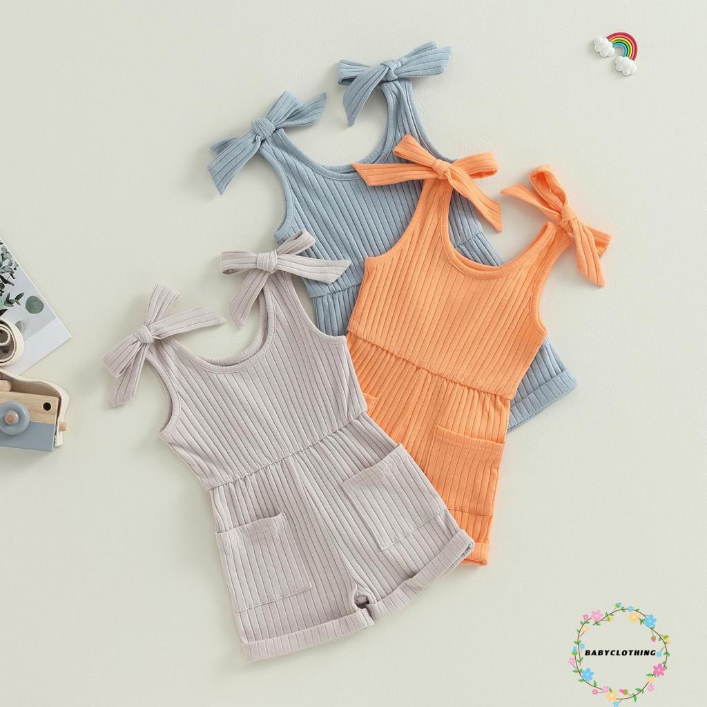 Babyclothes-bé gái mới biết đi không tay romper màu rắn bodysuit có gân quần áo mùa hè có túi