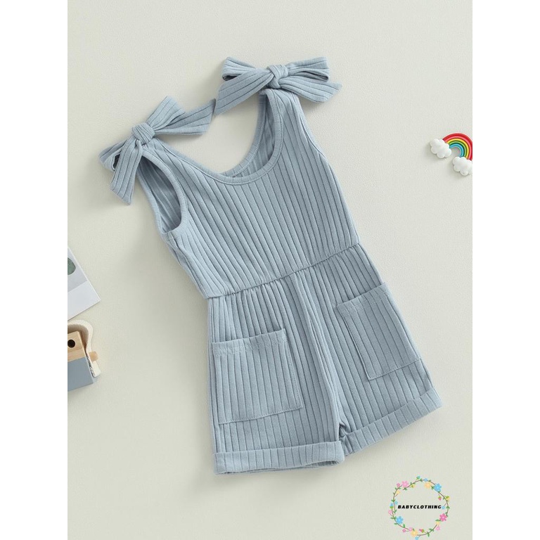 Babyclothes-bé gái mới biết đi không tay romper màu rắn bodysuit có gân quần áo mùa hè có túi