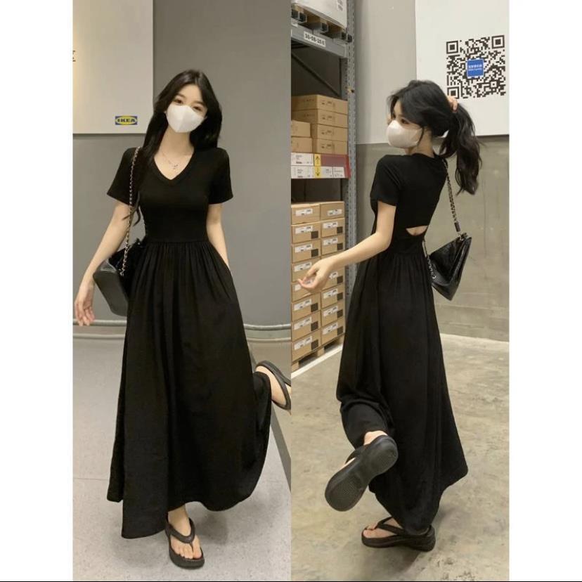 Đầm nữ SUGEMIUSI dáng ôm cổ chữ V ngắn tay vừa vặn phong cách Hepburn thời trang mùa hè
