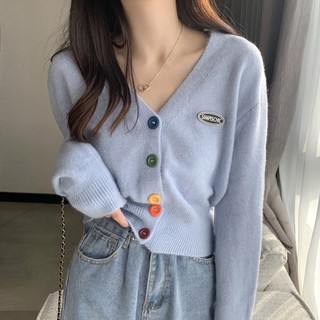 Áo khoác sweater SUGEMIUSI ngắn trên eo form rộng tay dài cổ V mặc mùa xuân thu