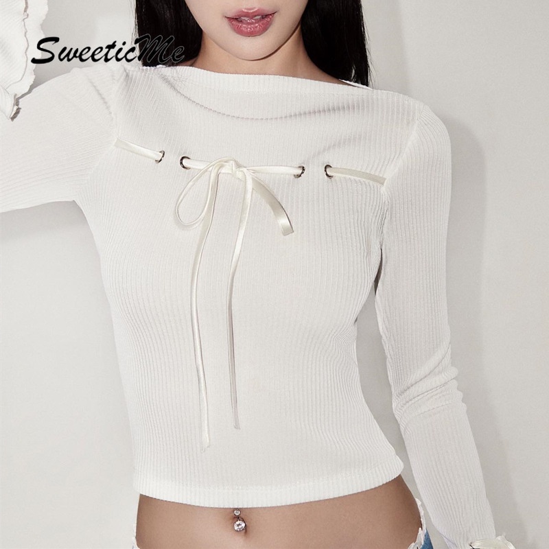 Sweeticme women's 2023 thời trang mới màu rắn cổ tròn tay loe sweet bowknot viền áo t-shirt nhân quả