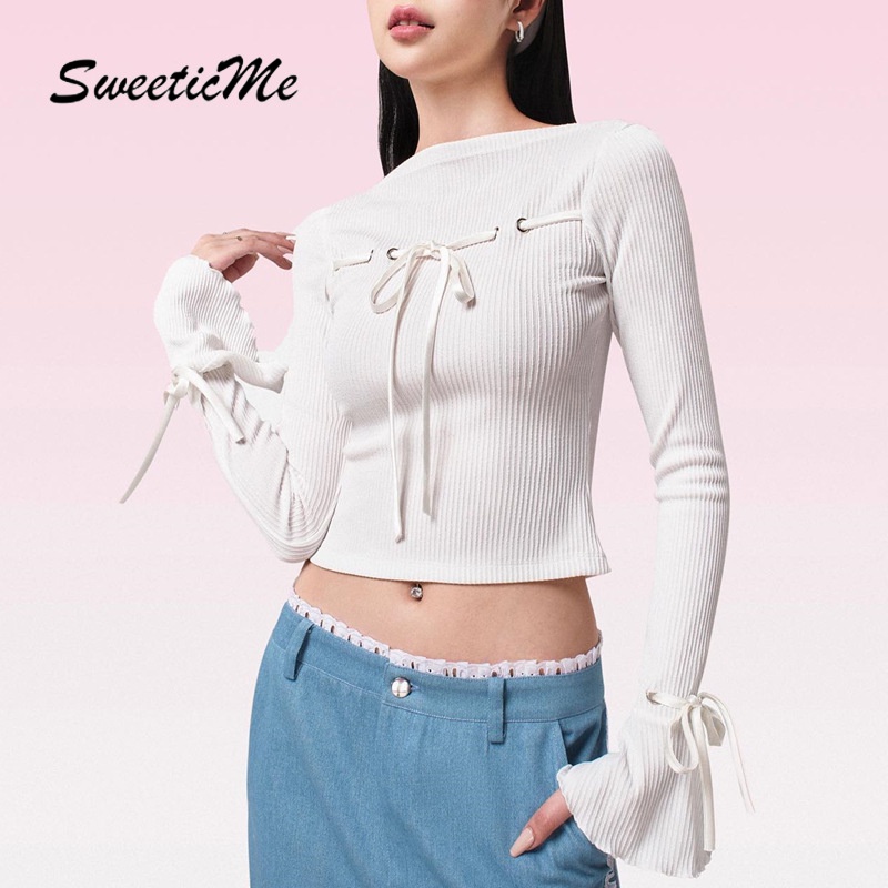 Sweeticme women's 2023 thời trang mới màu rắn cổ tròn tay loe sweet bowknot viền áo t-shirt nhân quả
