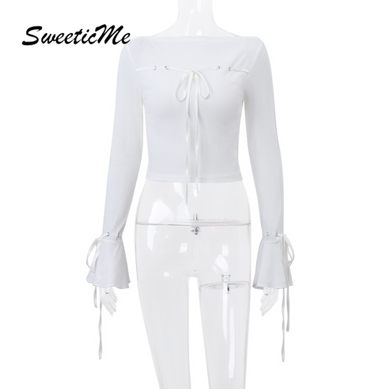 Sweeticme women's 2023 thời trang mới màu rắn cổ tròn tay loe sweet bowknot viền áo t-shirt nhân quả