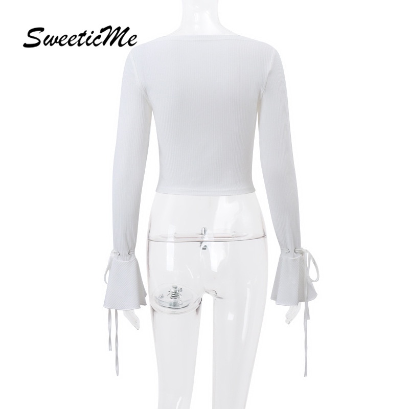 Sweeticme women's 2023 thời trang mới màu rắn cổ tròn tay loe sweet bowknot viền áo t-shirt nhân quả