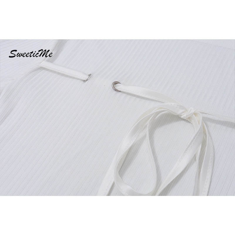 Sweeticme women's 2023 thời trang mới màu rắn cổ tròn tay loe sweet bowknot viền áo t-shirt nhân quả