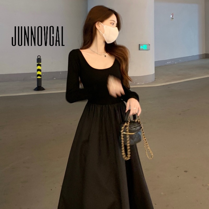 Junnovgal women 2023 thời trang mới độ đàn hồi cao màu đen tính khí cao cấp eo và váy mỏng