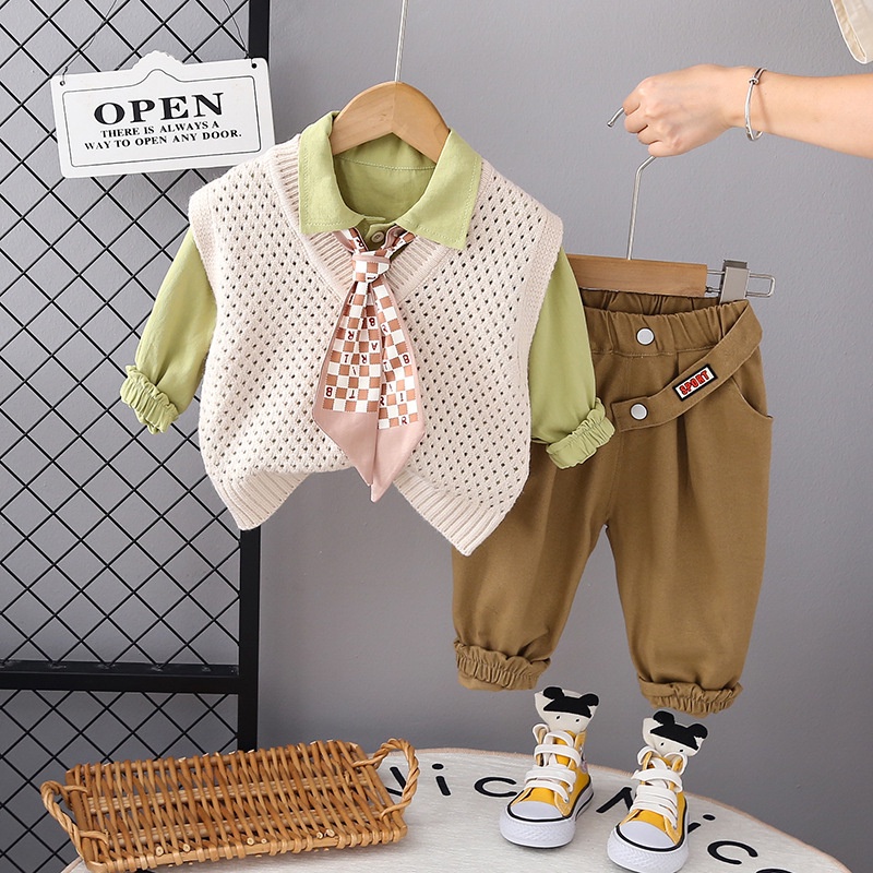 Thời Trang set Đồ Mùa Xuân 3 Món Gồm Áo sweater cotton Sát Nách + Quần Dài Cho Bé