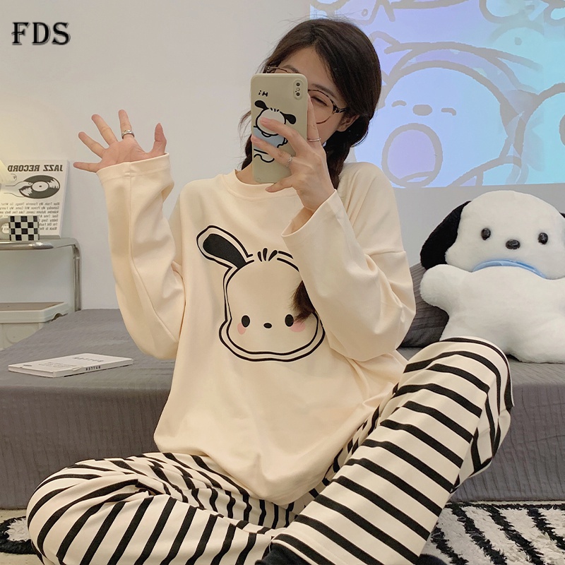 Bộ đồ ngủ FDS mềm mại họa tiết sọc tay dài thoải mái thời trang thu đông dành cho nữ