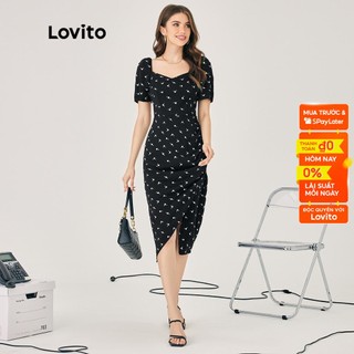 Đầm LOVITO cổ vuông tay phồng cắt xẻ xếp nếp họa tiết chấm bi thanh lịch dành cho nữ L47ED133 (màu đen và trắng)