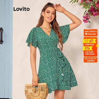 Đầm Lovito thắt nút xếp nếp họa tiết hoa nhí phong cách thường ngày tôn dáng dành cho nữ L39LD010 (xanh lá)