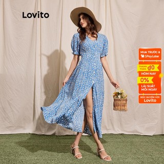 Lovito Boho Ditsy Floral Puff Sleeve Split Thigh Button Front High Waist A-Line Women Dress L37LD094 (Xanh lam)
