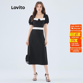 Đầm Lovito maxi dáng chữ A tay ngắn viền tương phản màu trơn thanh lịch dành cho nữ L49ED119 (màu đen trắng)