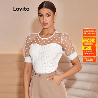 19de-Lovito Lãng mạn Cổ tròn Puff Tay áo Lưới tương phản Nữ Áo thun L35LD085 (Trắng)
