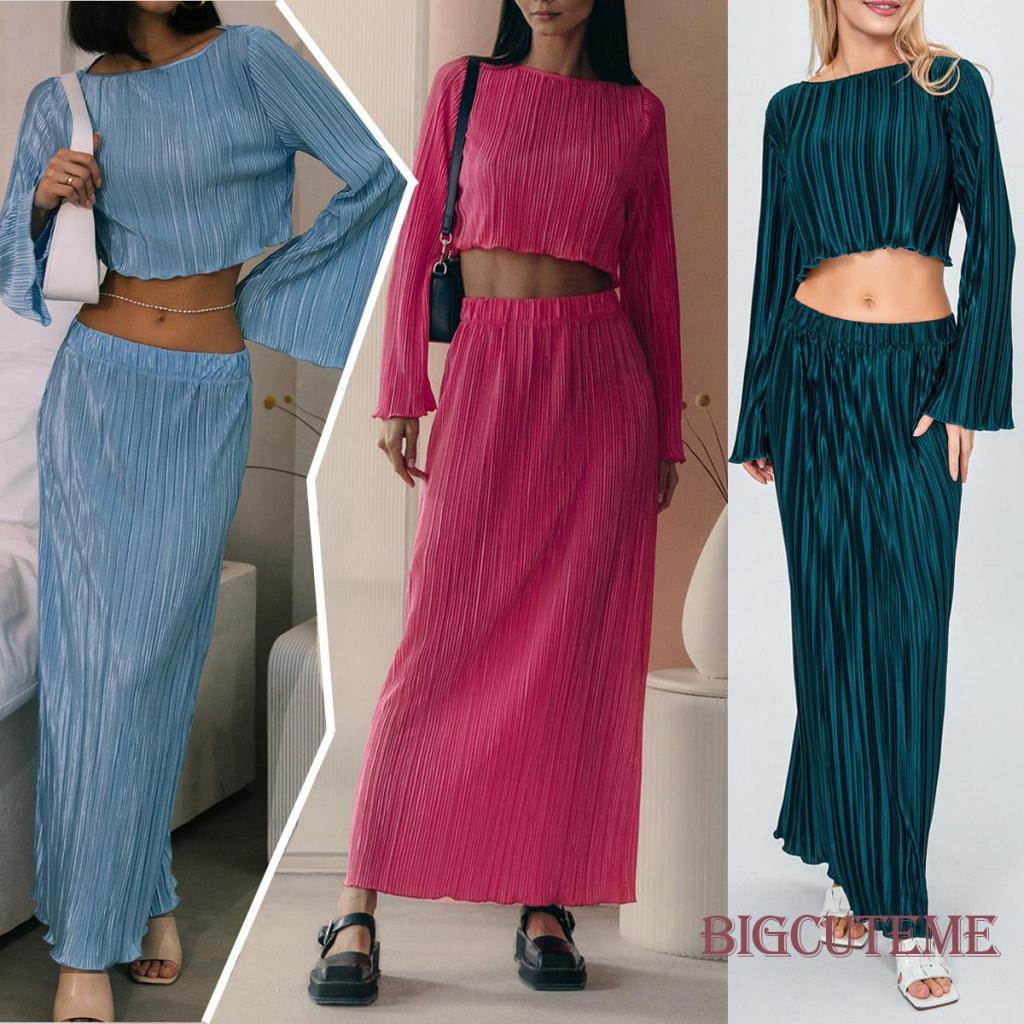 - Phụ nữ trang phục hai mảnh áo dài tay loe crop tops bộ váy dài màu đồng nhất