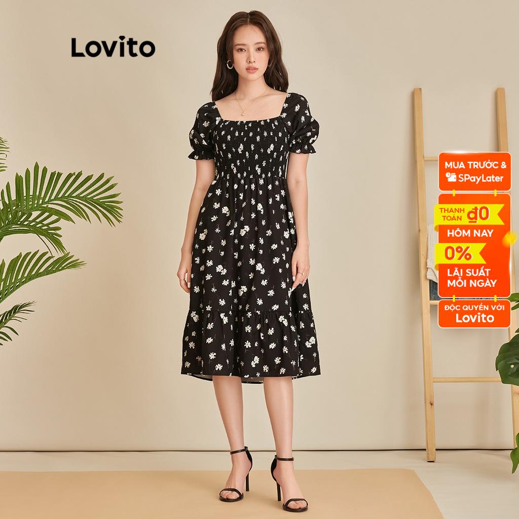 Đầm LOVITO dáng chữ A cổ vuông họa tiết hoa phong cách boho L45ED073 (màu đen)