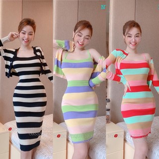 Set len mtg kẻ áo cardigan kèm váy 2 dây body hàng QC hot