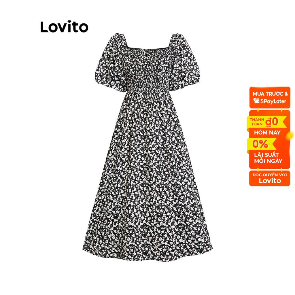 Đầm chữ A Lovito tay phồng xếp ly họa tiết hoa đơn giản cho nữ L45LD044 (màu đen)