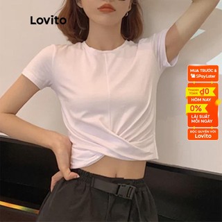 Áo Thun Lovito Cổ Tròn Màu Trơn Thiết Kế Xoắn Phía Trước Phong Cách Thể Thao Đơn Giản L03046 (Màu Trắng/Đen)