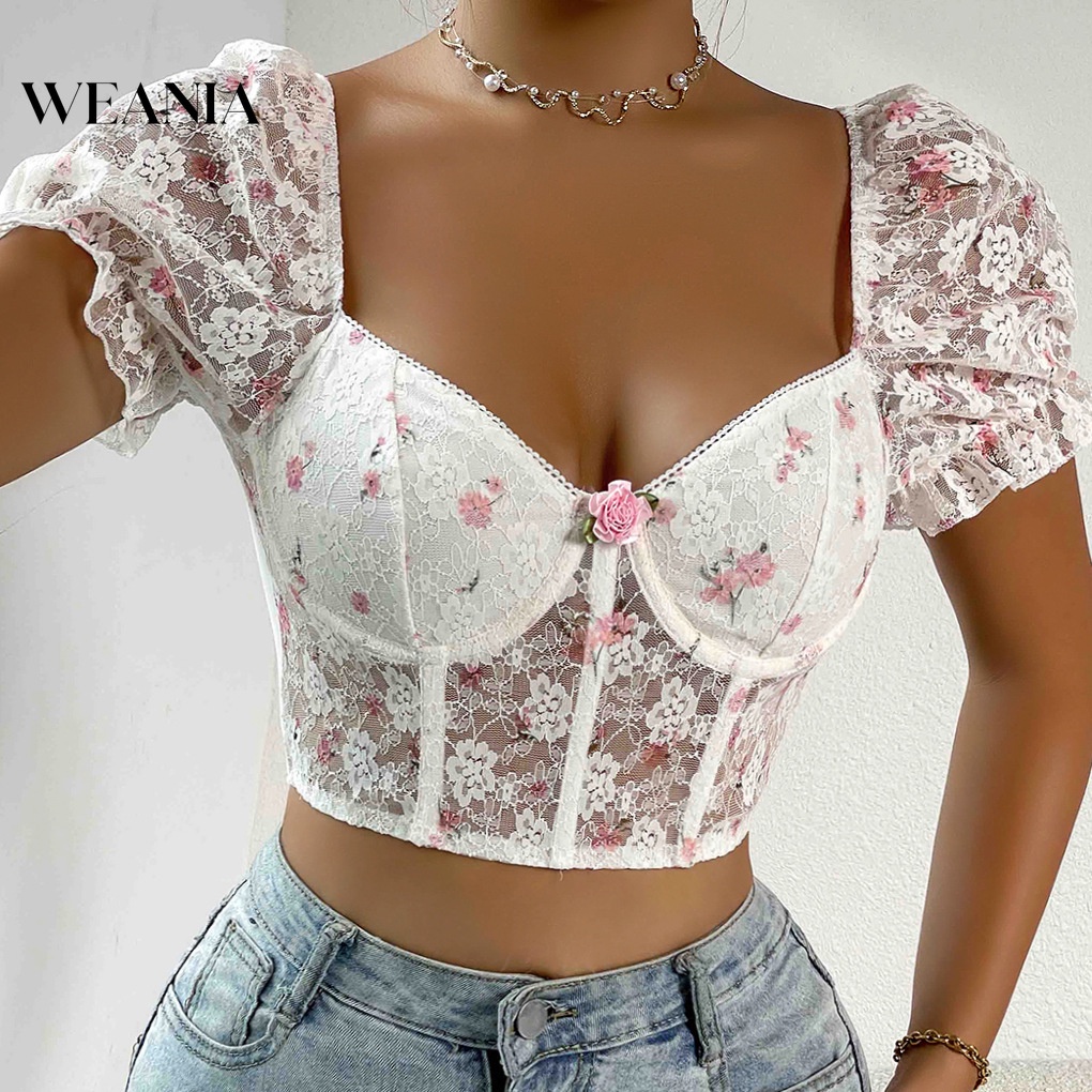 Weania phụ nữ mùa hè cắt thấp ren hoa vá bằng thép và xương cá áo ngắn tay