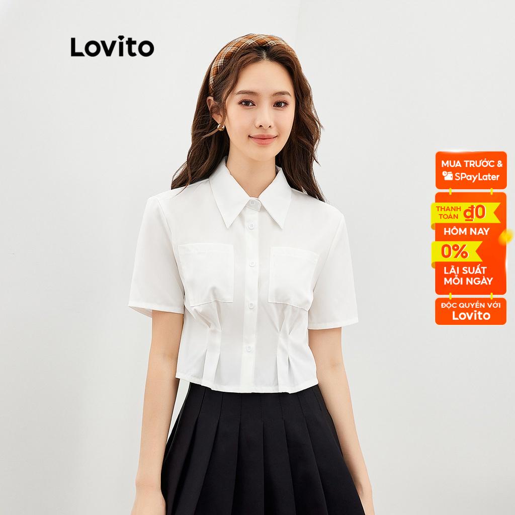 Lovito Casual Trơn️ Áo Sơ Mi Nữ Cổ Crop Xếp Ly L35ED062 (Trắng)